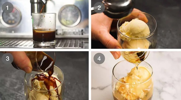 Các bước làm Affogato truyền thống với espresso, kem gelato và rượu