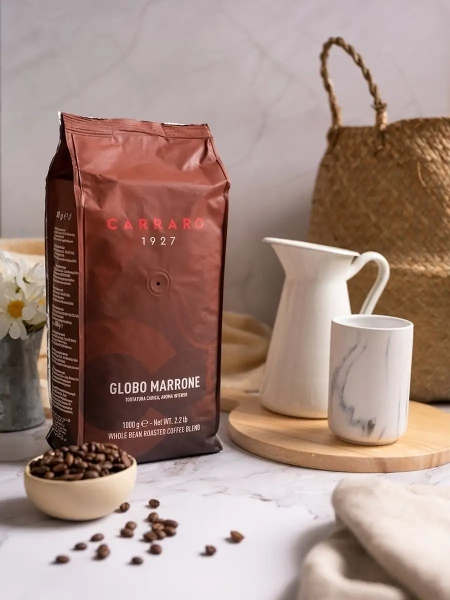 Cà phê hạt Carraro Globo Marrone có tỷ lệ pha trộn với 15% Arabica và 85% Robusta