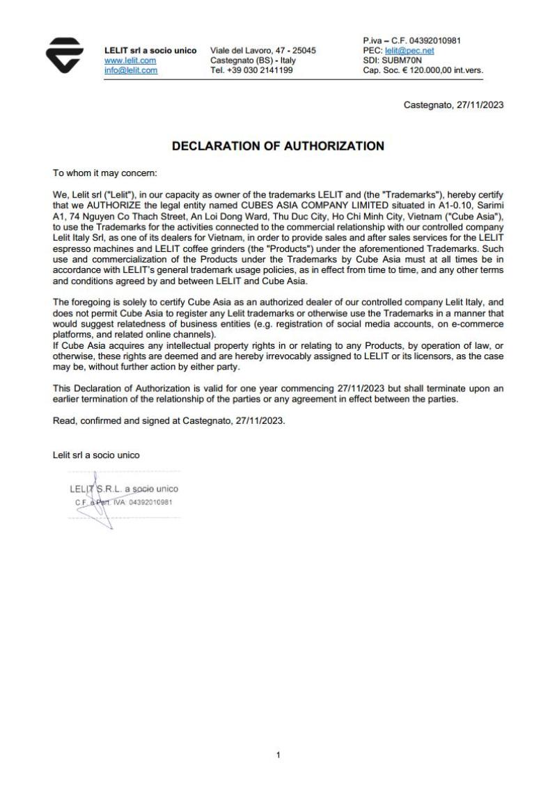 Lelit Declaration of Distribution