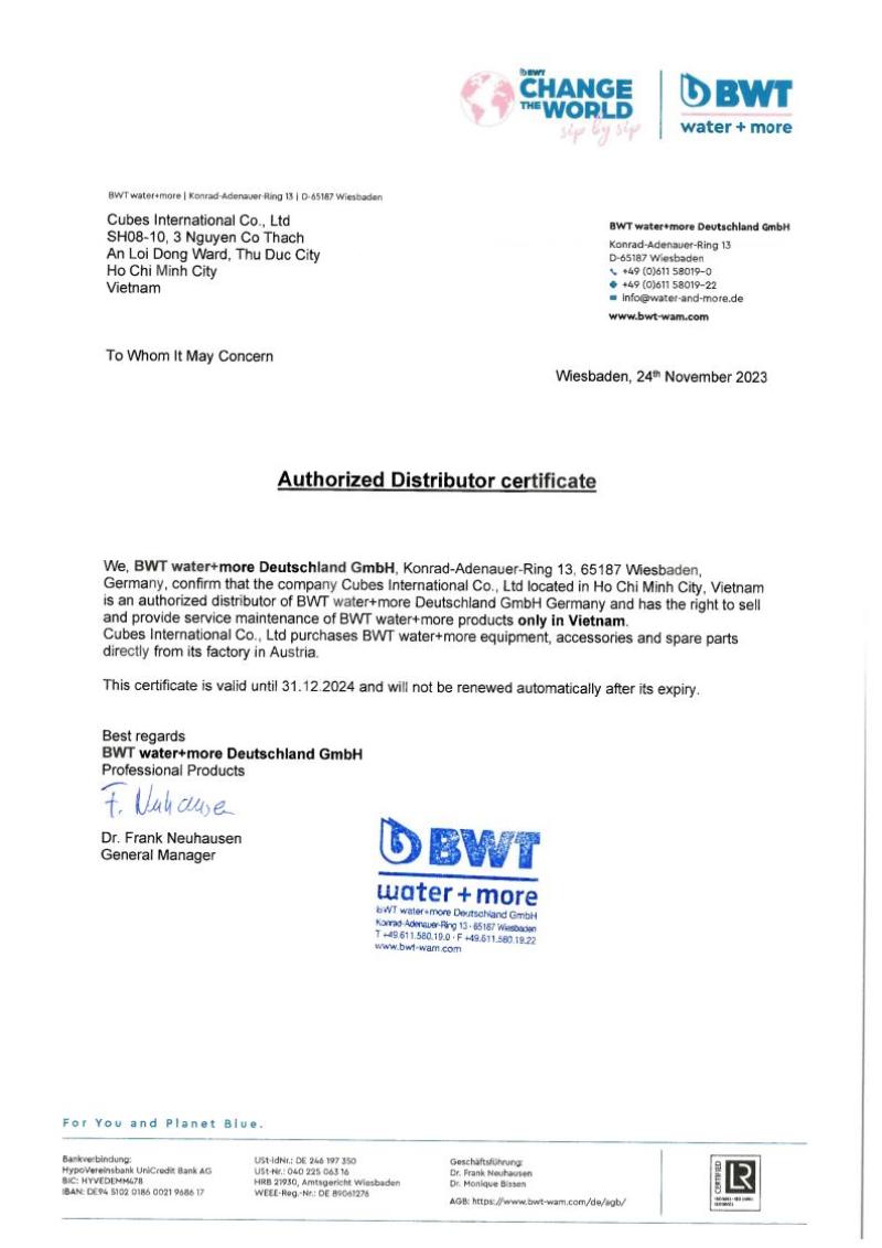 Certificate of Distribution BWT