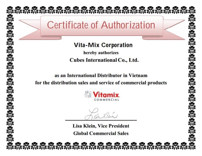 Certificate of Distribution Vitamix