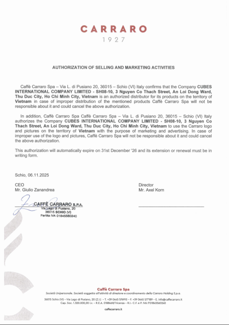 Certificate of Distribution Carraro