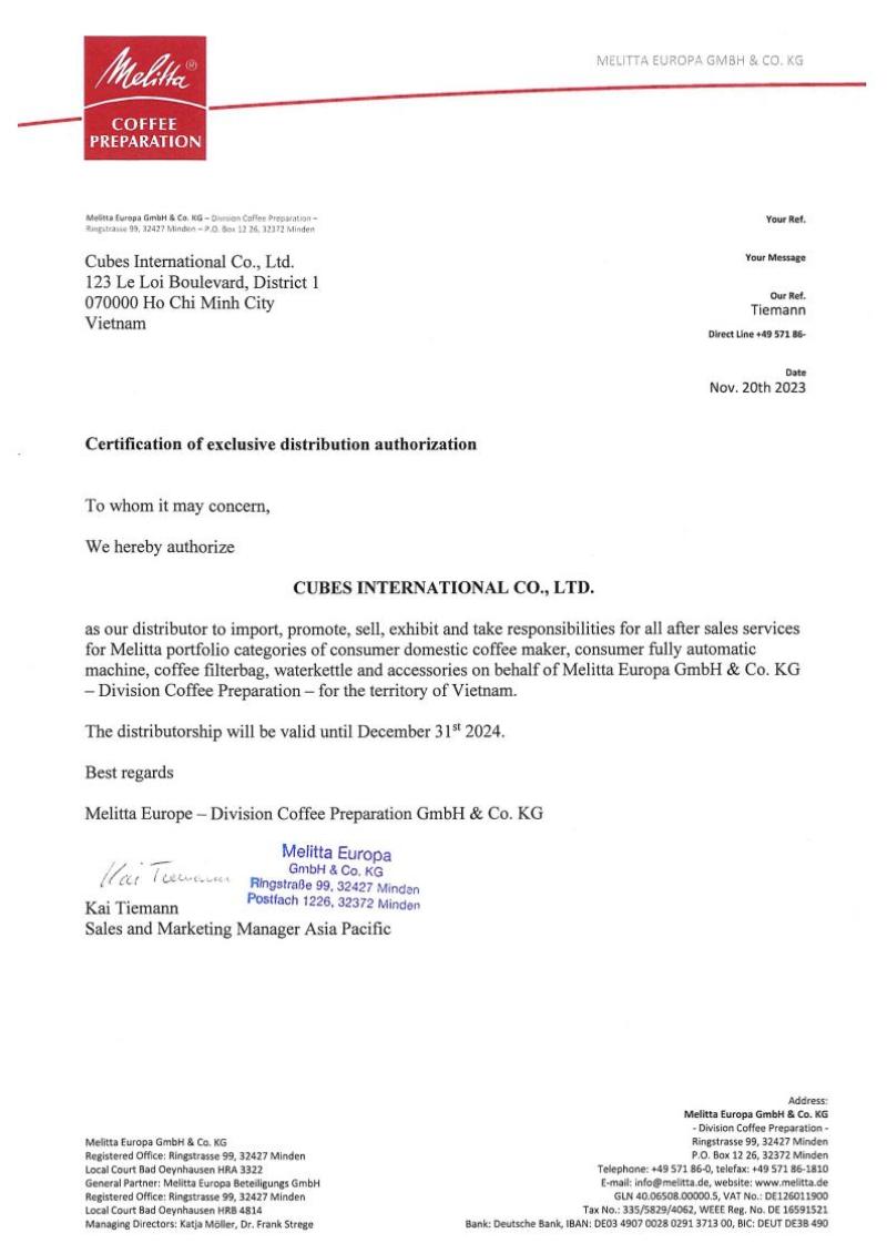 Melitta Cerificate of Distribution