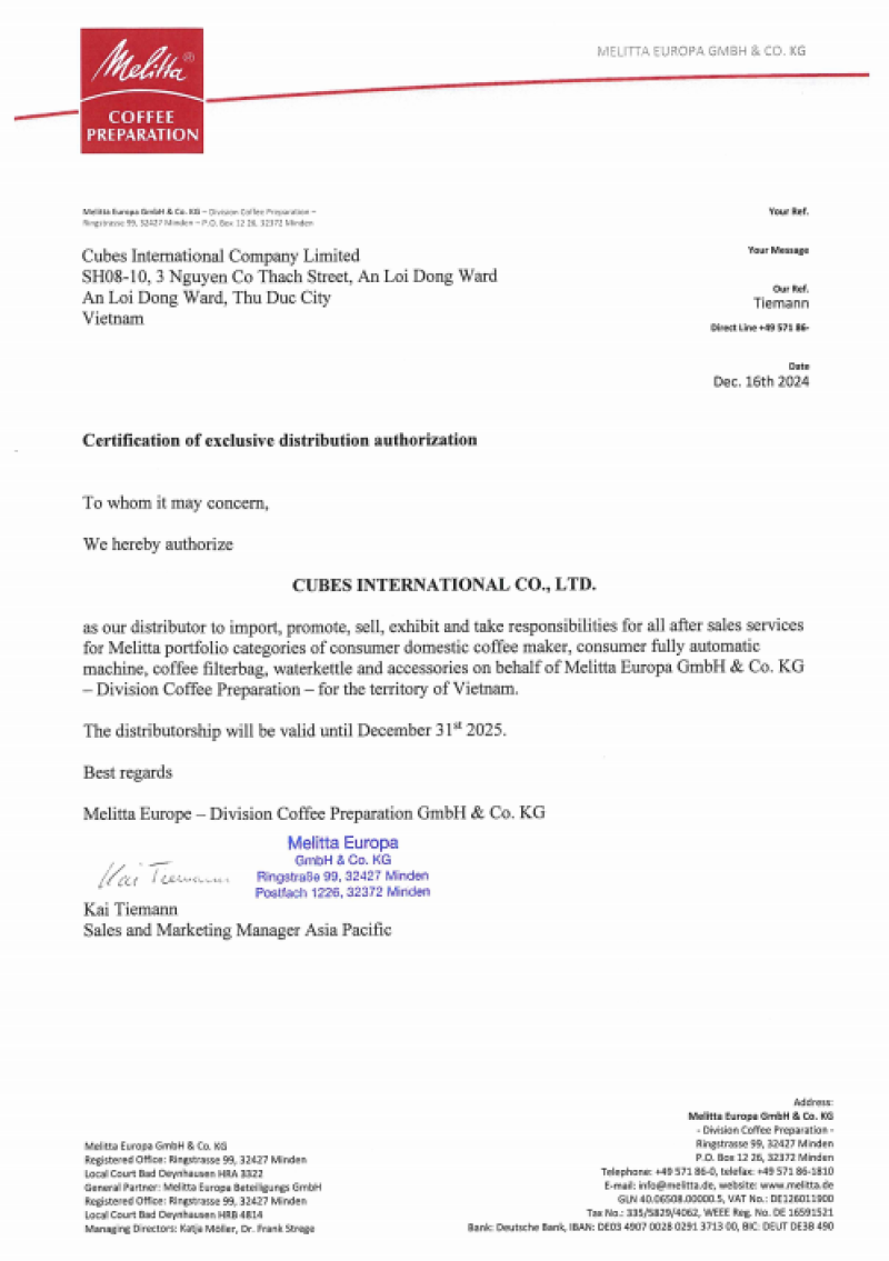 Melitta Cerificate of Distribution