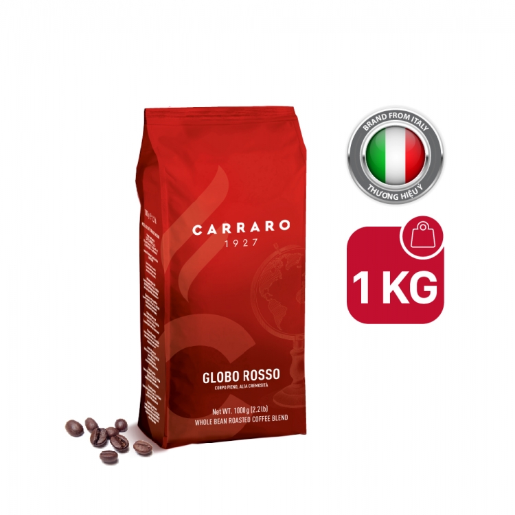 cafe hạt túi hạt cà phê loại 1 kg thương hiệu Carraro - phiên bản Globo Rosso